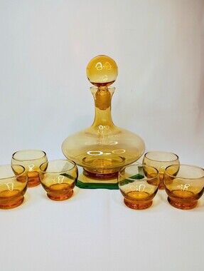 Italian Blown Amber Glass Decanter Set with 6 Cordial Cups